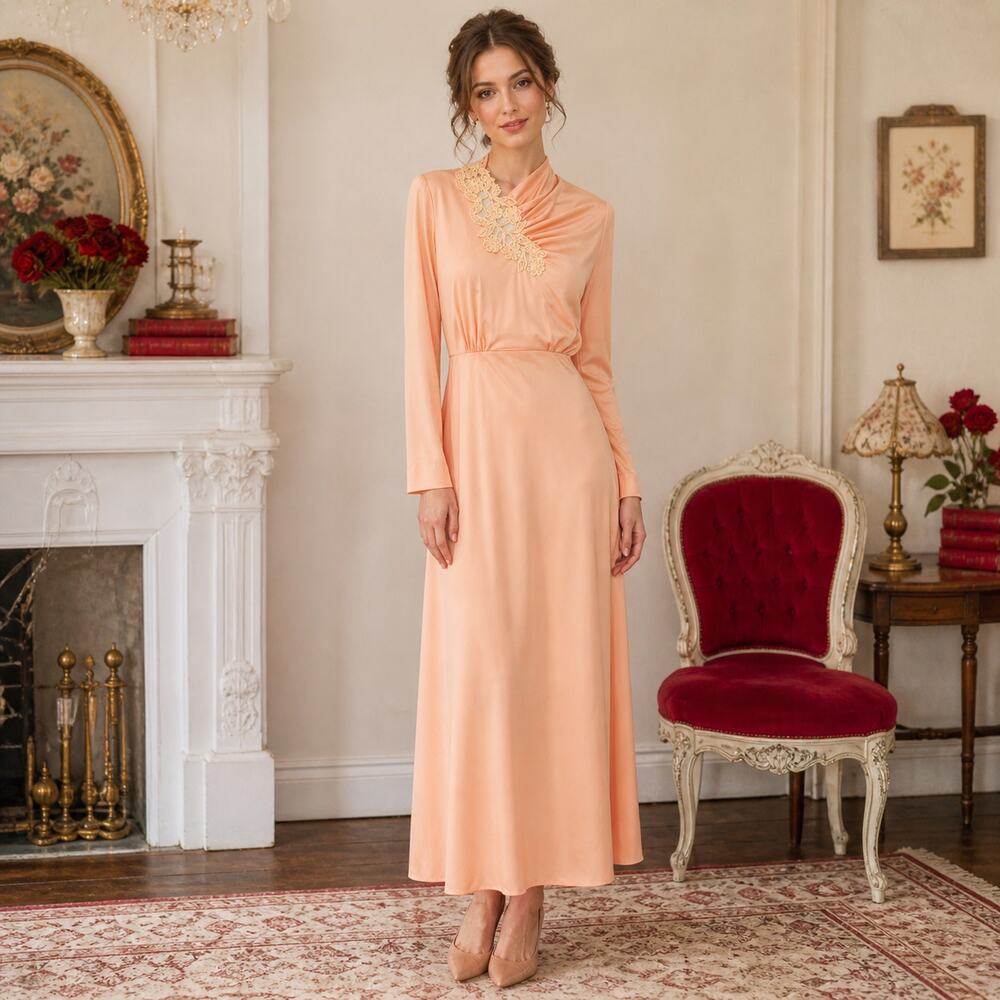 70s Vintage Peach Satin Maxi Dress, Draped Peekaboo Neckline Lace Applique - XS
